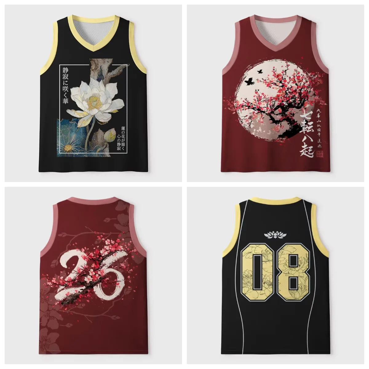 Zen Lotus Themed Basketball Suit for Summer, Children, Adults, Families, Contrasting Colors, Breathable Sleeveless Printed Vest