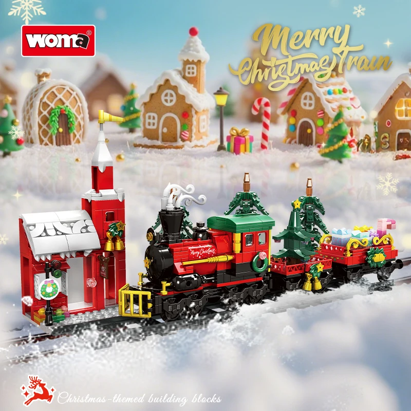  WOMA Christmas Train Building Blocks with DIY Track Santa Claus Tree House Bricks Toys for Kids Xmas Gifts