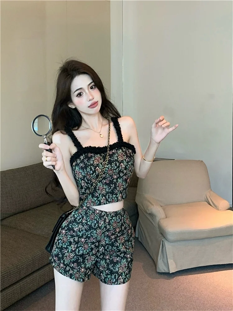 

Retro Flower Jacquard Embroidery Black 2 Piece Sets Vintage Crop Top & Shorts Suits Women Summer New Short Pants Two Piece Sets