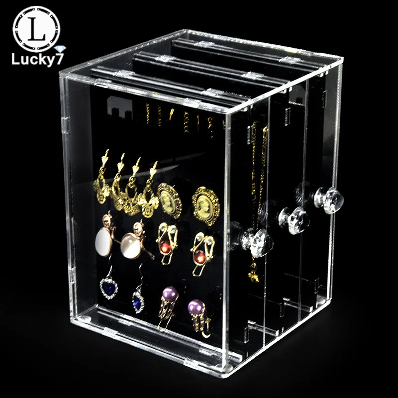 

3 Drawer Transparent Crystal Jewelry Organizer Holder Shelf Acrylic Earring Necklace Hanger Storage Showcase Display Stand Box