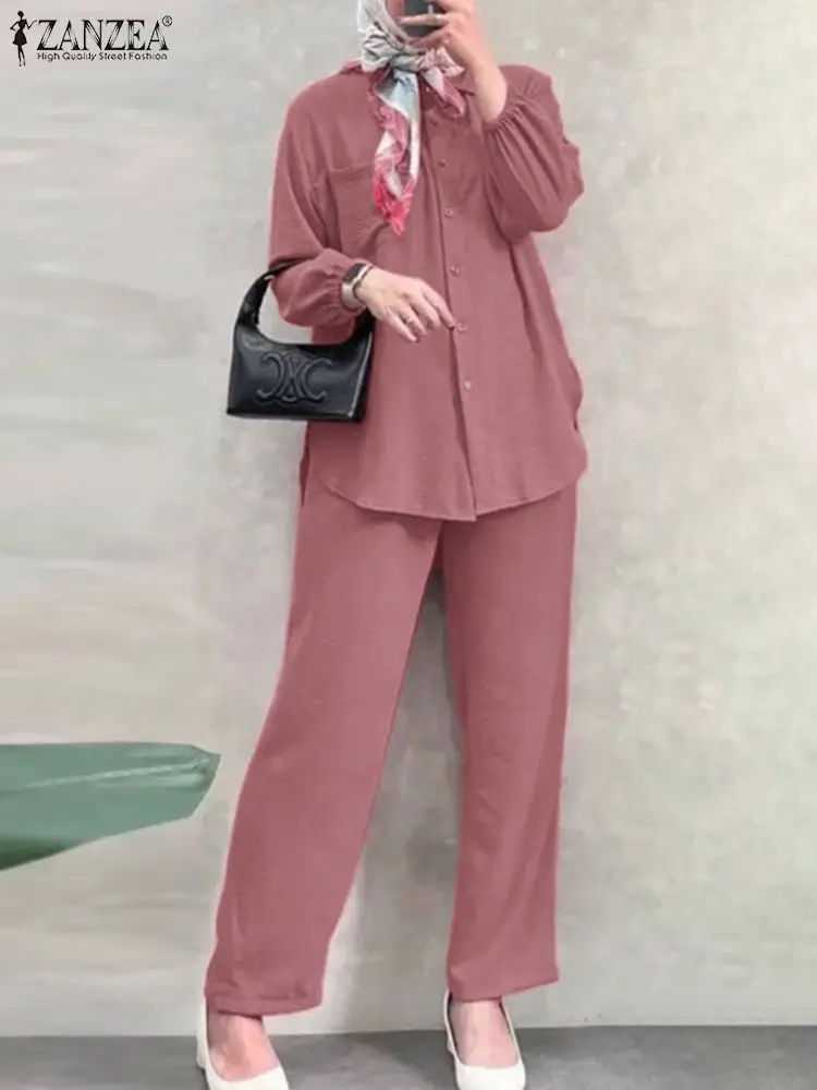 

2024 ZANZEA Women Muslim Sets Fashion Long Sleeve Blouse Trousers Suits 2pcs Tracksuit Casual Loose Matching Sets Oversize