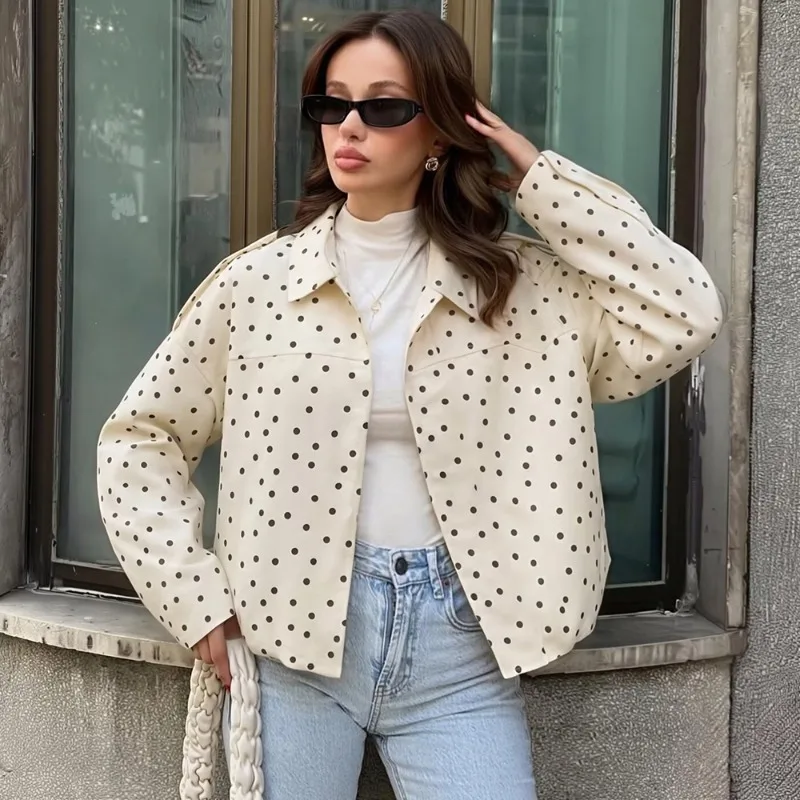 Talenza Polka Dot Bomber Jacket Women's Jacket Demi-Season Oversized Long Sleeve Top Outerwear Aviator Zip Up Crop Coats Outfits