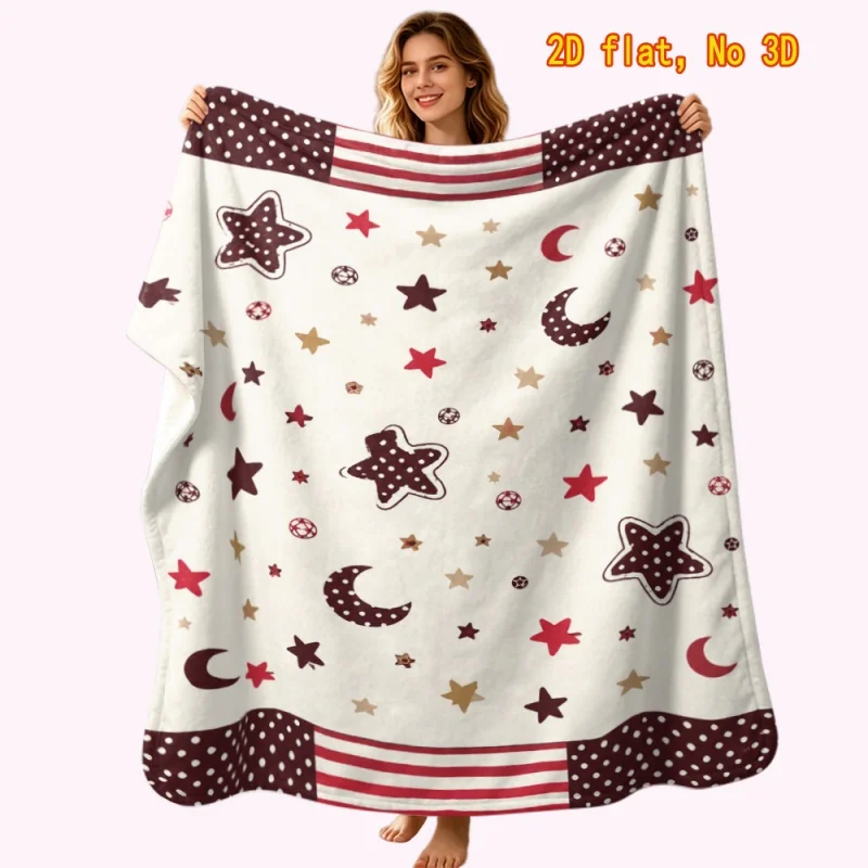 Newest Burgundy Star Moon Polka Dot Striped Border Flannel Throw Blanket, Simple Night Sky Pattern Blanket for Bedroom