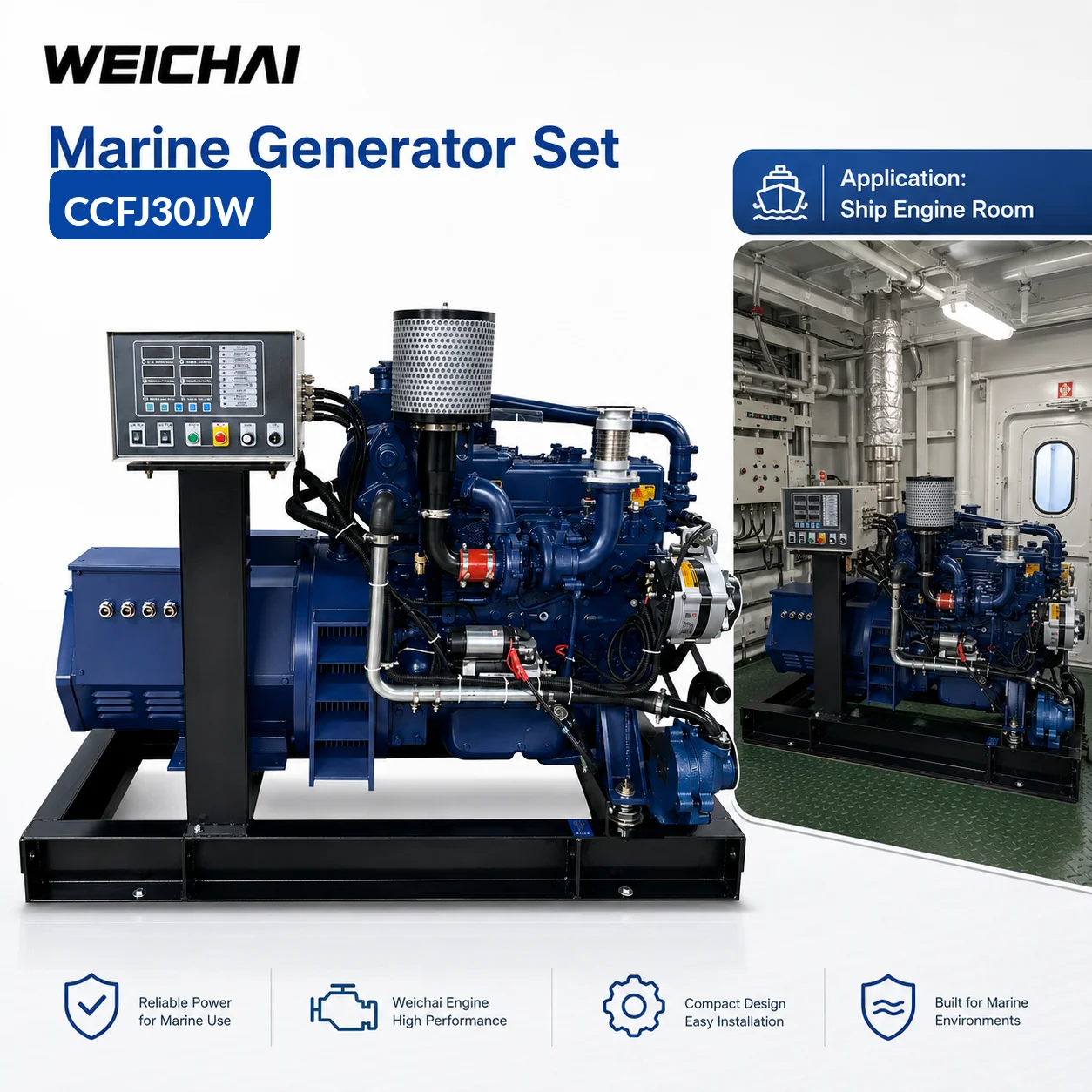 SCDC Weichai CCFJ30JW WP3.2 Series 4 Cylinders Fast Delivery Marine Generator Set 30kW 37.5KVA 1800RPM New for Auxiliary Power