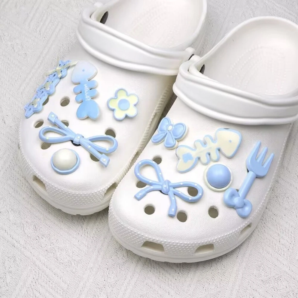 10pcs Blue Bow Shoe Charms Sandals Shoes Decoration Slipper Accessories for Girls Hole Shoes DIY Gift
