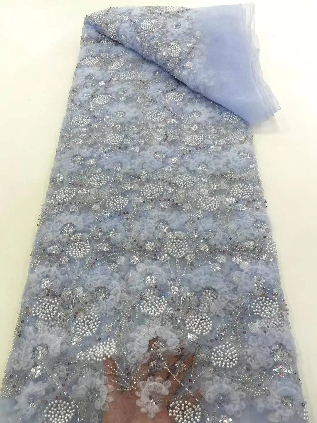 

Nigerian 2025 New Beauty Sky Blue Tulle Lace Fabrics With Heavy Beaded High Quality African Sequins French for Wedding Dress