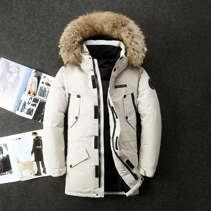 Piumino uomo 2023 inverno 90% piumino d'anatra bianco parka cappotto collo di pelliccia di media lunghezza maschio addensare soprabito da neve-20 ℃ mantenere il riscaldamento