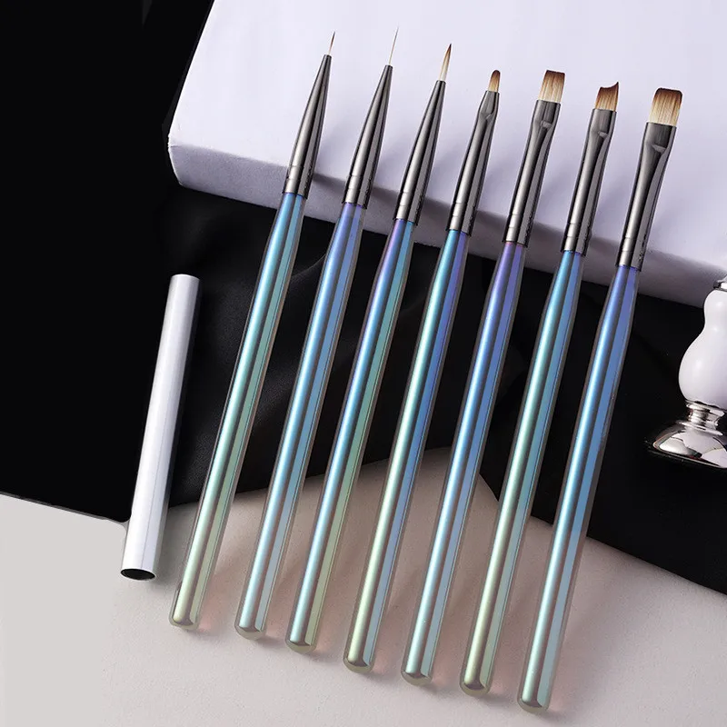 1/7PCS Nail Art Design Painting Polish Brush UV Gel Nail Draw Pen Tools Liner Flat Round Head  With Metal Cap