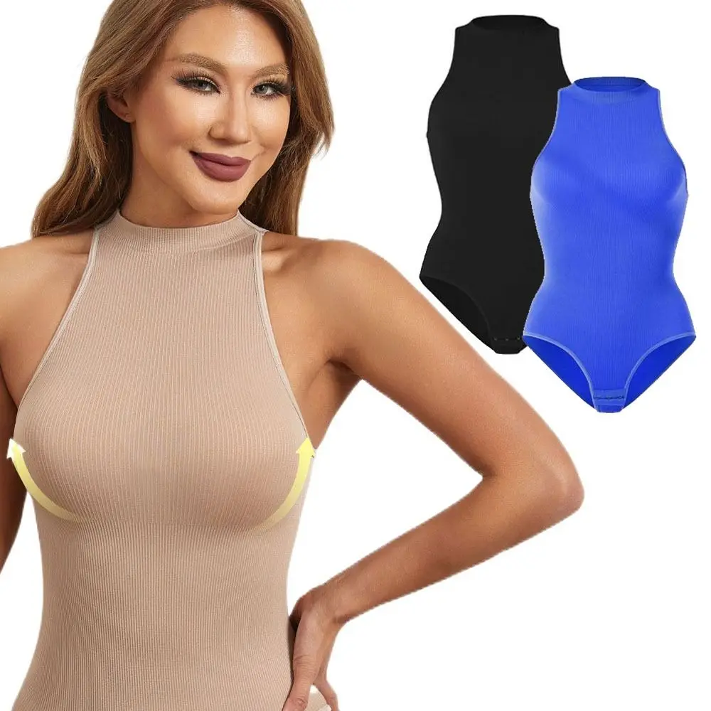 Ribbed Women's Bodysuits Halter Neck Sleeveless Full Body Shaper Tummy Control Snatched Waist Compression Shapewear Biking