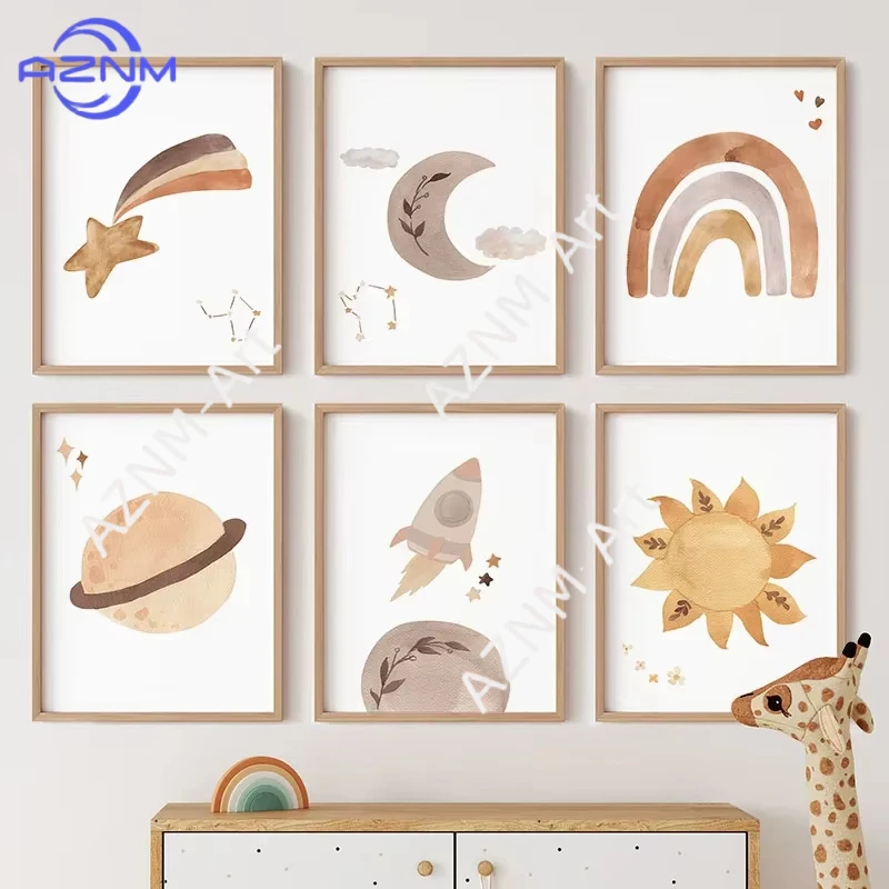 1/6 Stück Regenbogen Sonne Mond Rakete Planet Poster Leinwanddruck Kinderzimmer Wandkunst Wandbild Drucke Babyzimmer Heimdekoration
