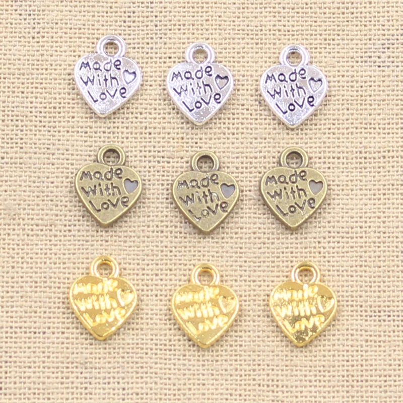 30pcs Charms Heart Made With Love 12x10mm Antique Making Pendant fit,Vintage Tibetan Bronze Silver color,DIY Handmade Jewelry