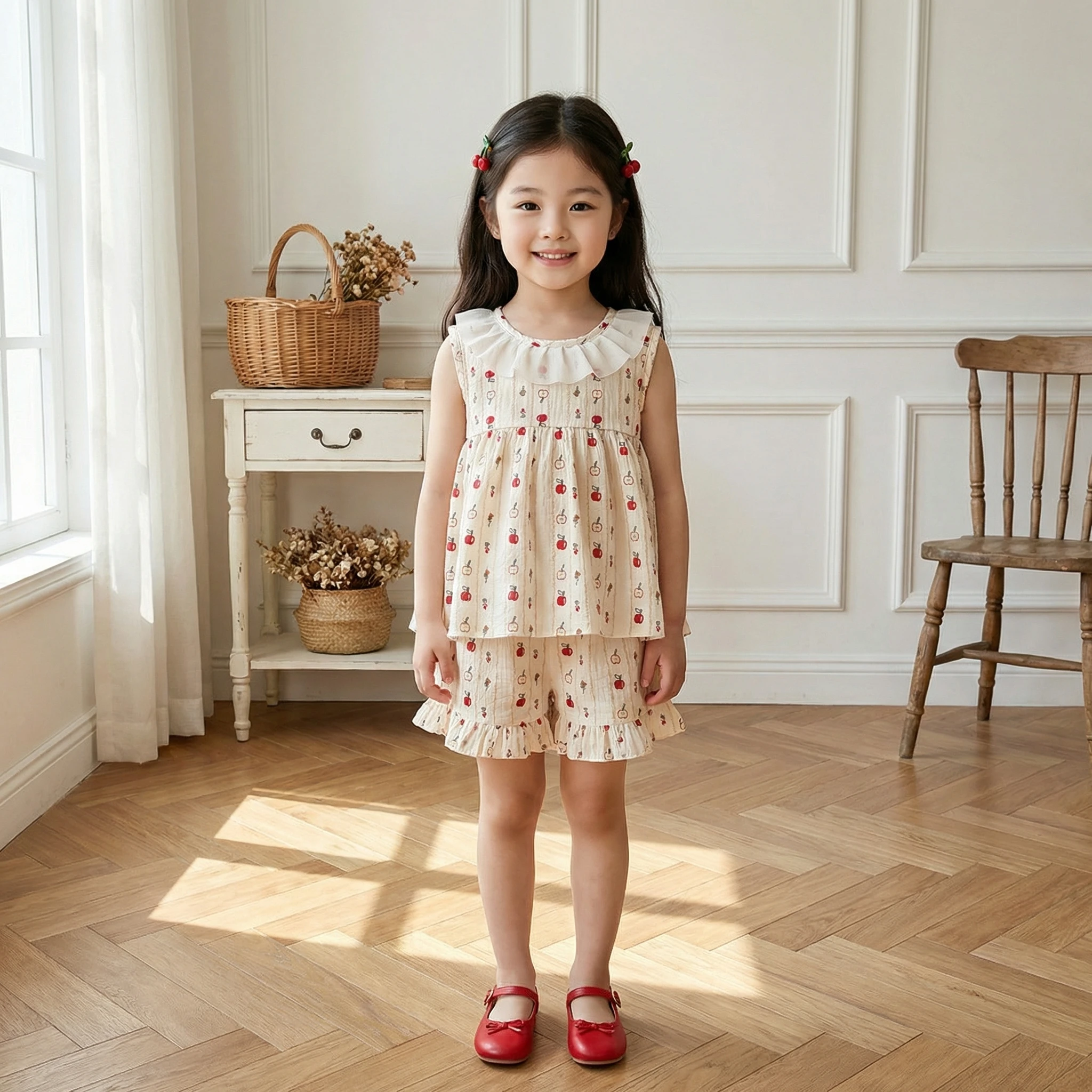 1-10Y Summer Children Set Cute Apple Print Ruffle Collar 2Pcs Clothes for Girls Sleeveless Soft Breathable Fabric Kids Outfit