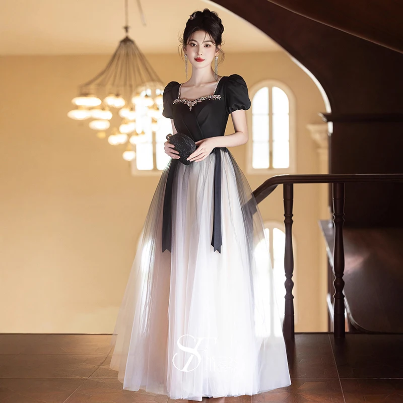 

Черное вечернее платье для женщин 2026: Новое французское роскошное бисерное платье для выпускного, элегантное платье с квадратным вырезом для выступлений и шоу