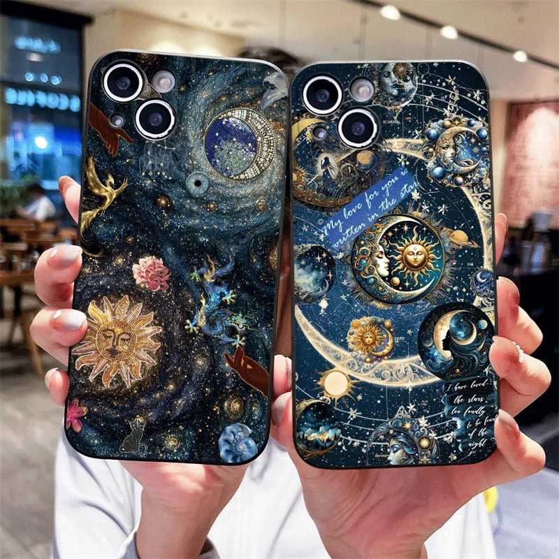 Creative Moon Sun and Stars Black Phone Case for Samsung Galaxy S26 ULTRA S25 Fe S24+ S23 S22 Plus S21 FE S20 S26+ S25+ 5G Cover