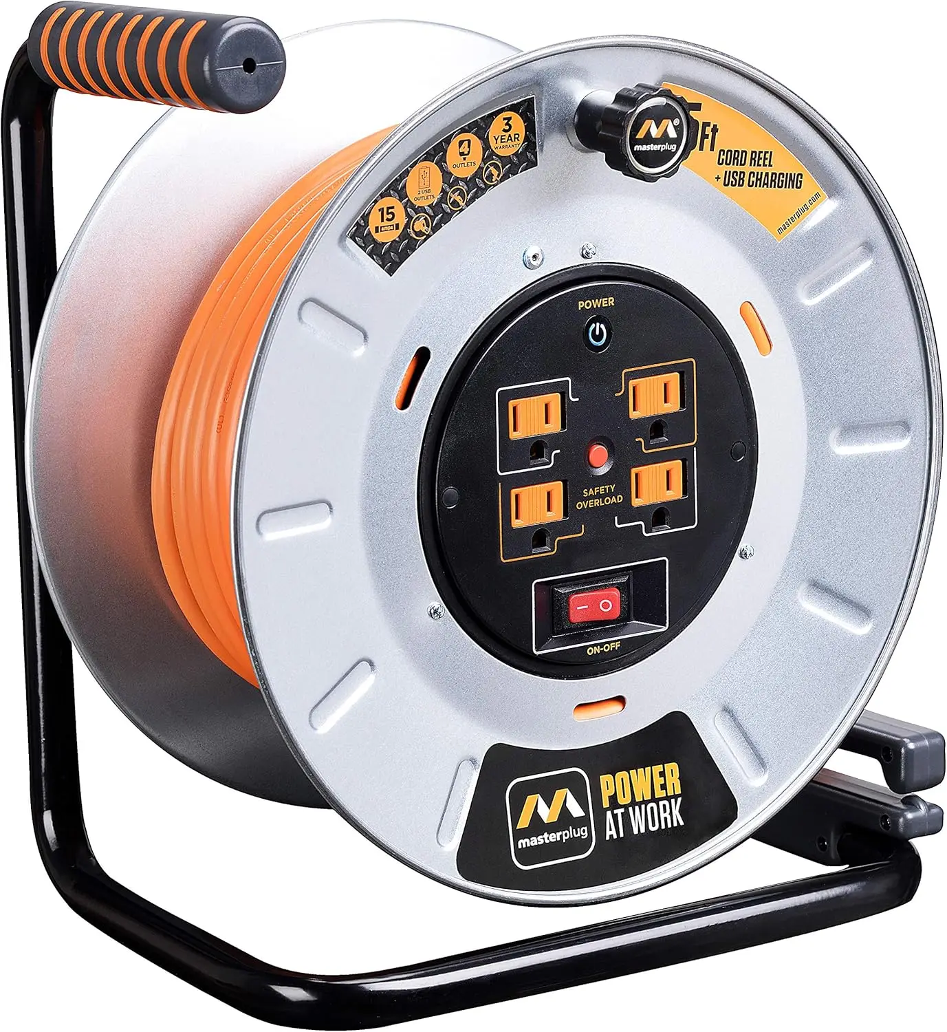 Metal Steel Drum with Four Powered Outlets,Extension Cord with Handle, Overload Circuit Breaker and Power Switch, 75 Feet 12AWG