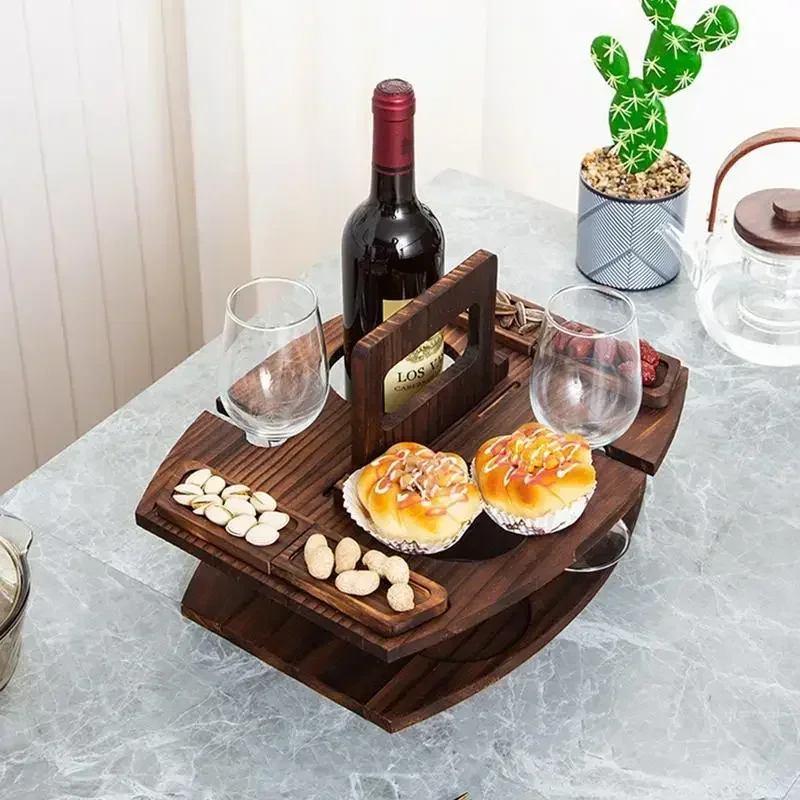 Portable Outdoor Detachable Wine Picnic Table Wooden Snack Table Wine Holder Beach Camping Picnic Wine Table Fruit Snack Tray