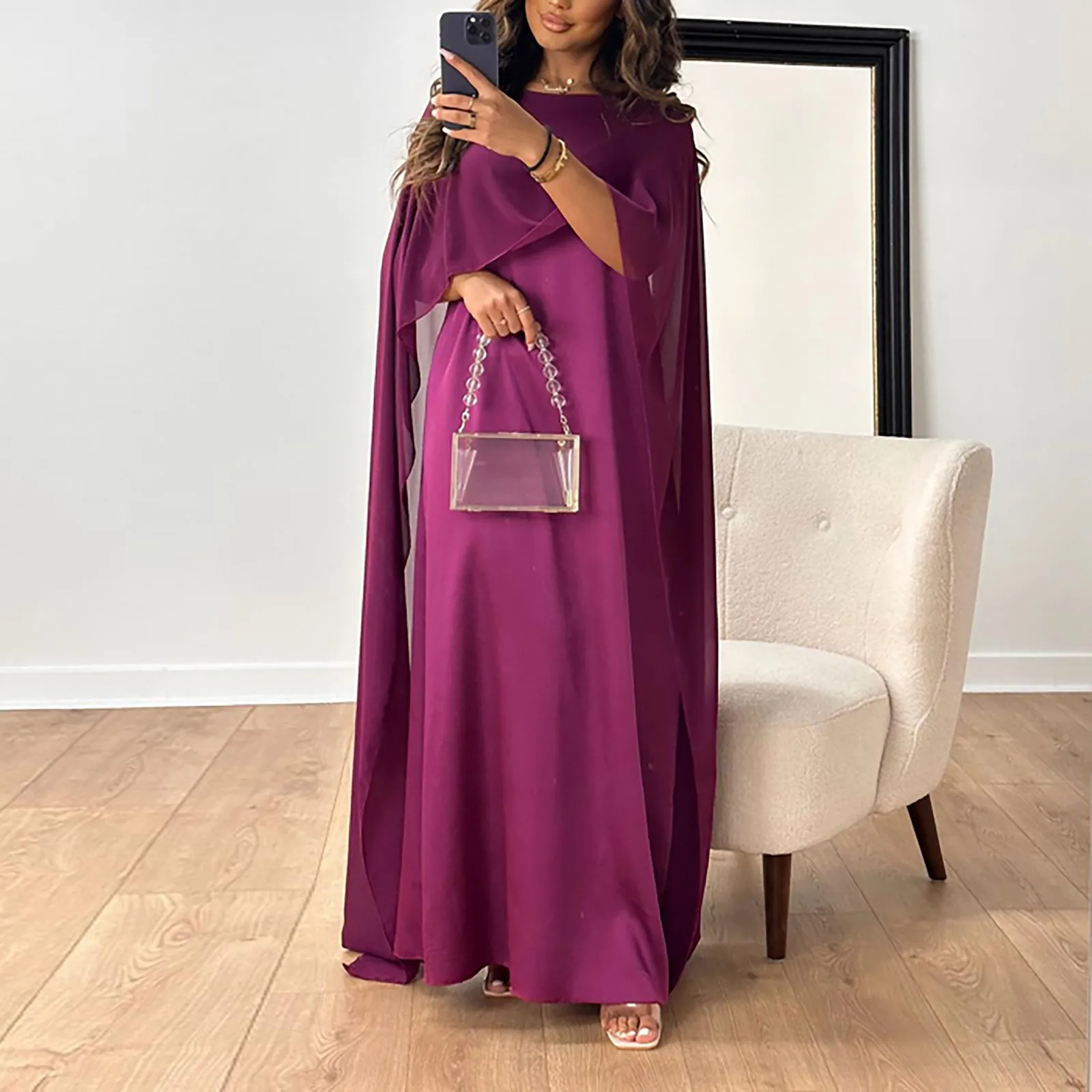 New Elegant Women Big Hem Long Dress Casual O Neck Solid Color Chiffon Loose Dress Muslim Ladies Shawl Sleeve Evening Dress Robe