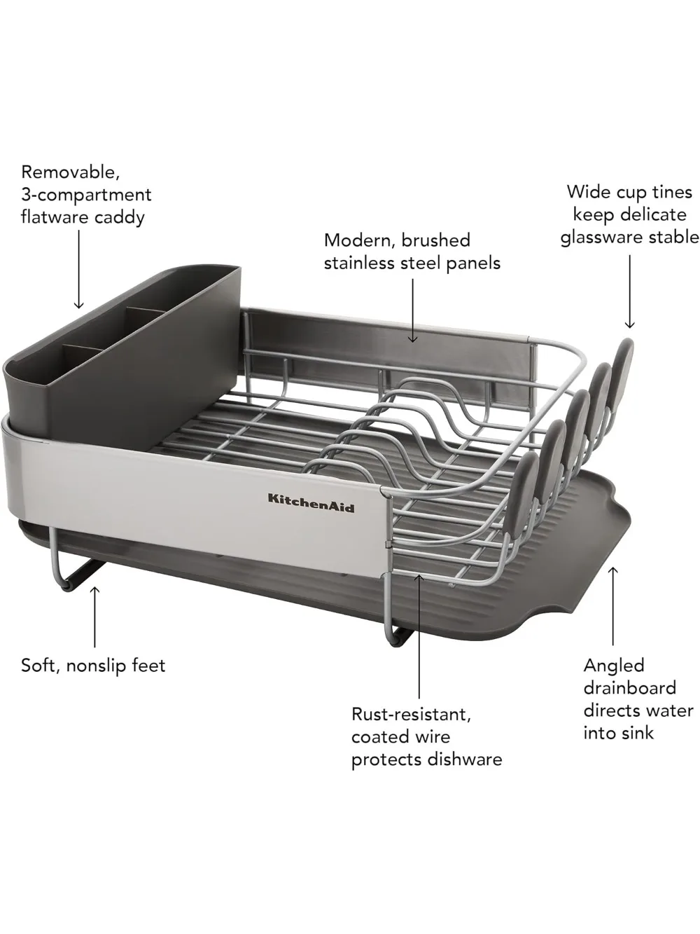 رف أطباق مدمج موفر للمساحة مع لوح تصريف ذاتي الصرف وعلبة أطباق قابلة للإزالة، رمادي 16 بوصة للمطابخ الصغيرة