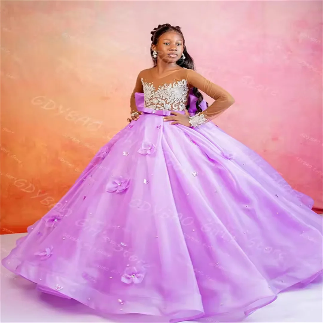 

Long Sleeve Princess Pageant Dress 3D Flower Beaded Lace Flower Girl Dress for Wedding With Bow Customized Birthday Party Gown