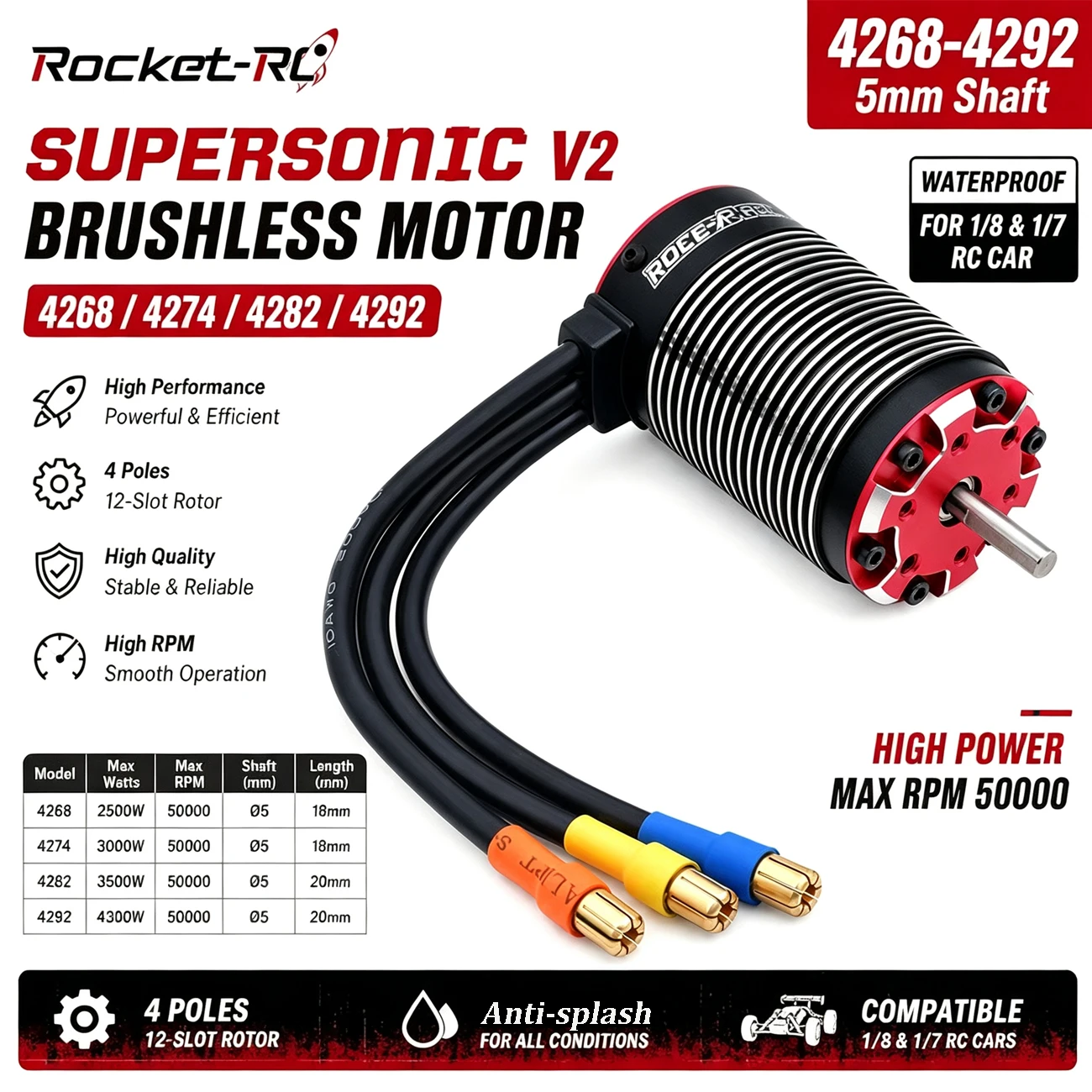 Rocket-RC Supersonic V2 4268 4274 4282 4292 Brushless Motor 5mm Shaft for Traxxas Wltoys HSP 1/8 1/7 RC Car Off Road Buggy Parts