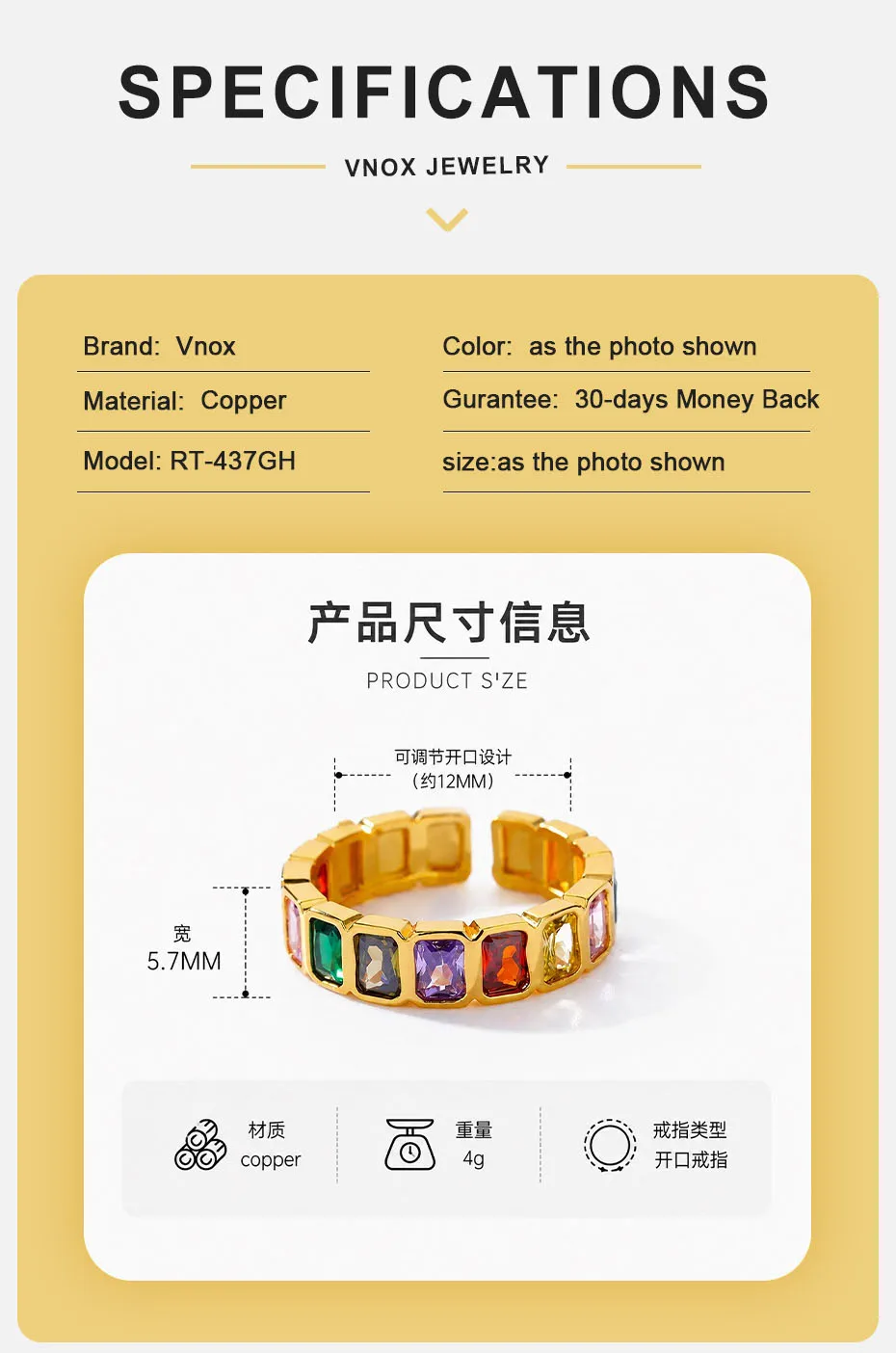 Vnox Offener Verstellbarer Ring, Vergoldetes Kupfer, Rechteckiger CZ-Band, Stapelbare Zirkon-Fingerringe, Modeschmuck Geschenk für Frauen – Detail 4