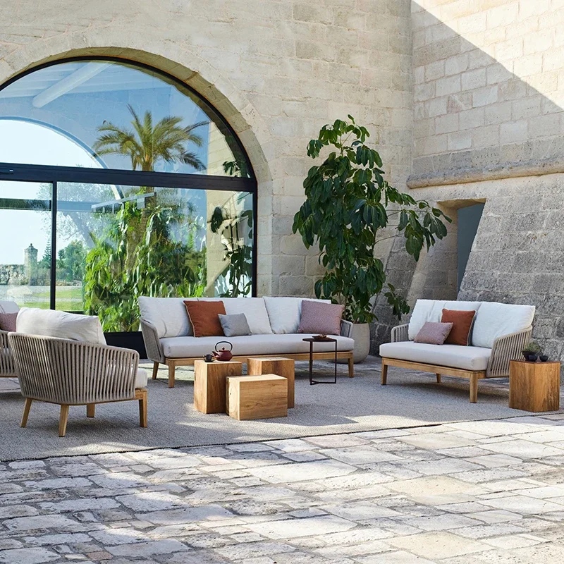 

High-end outdoor sofa courtyard teak furniture rattan chair open-air waterproof outdoor terrace open-air rattan sofa combination