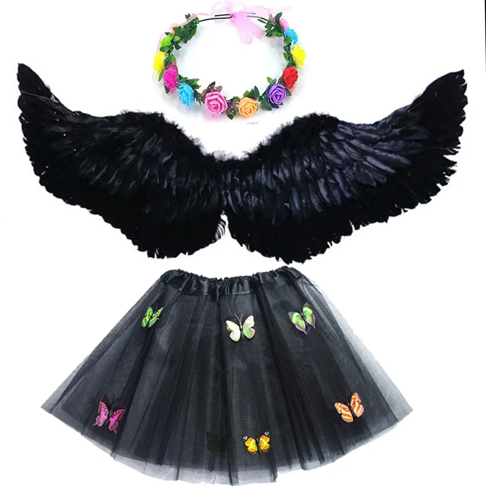 

Adult Kids Angel Wings and Flower Wreath Headband Halo Skirt Pink White Party Costume Children Boys Girls Gift Halloween
