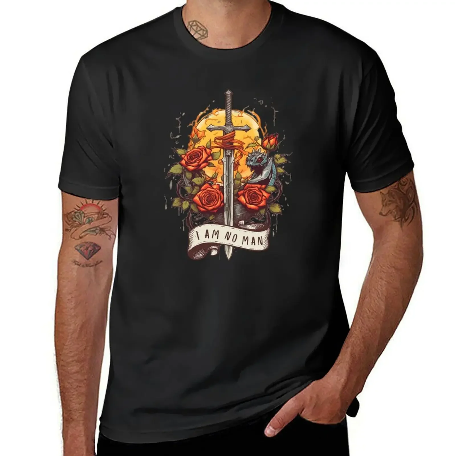 

I am no man - Sword, Roses and Yellow Sun II - White - Fantasy T-Shirt anime t shirts Anime t-shirt tops mens t shirt graphic