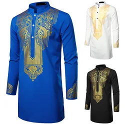 Männer islamisches arabisches Abaya-Gewand mit ethnischem Druck Stehkragen-Jugend-Mittellanges Hemd Luxus-Mantel-Freizeit-Mode muslimische Herren bekleidung