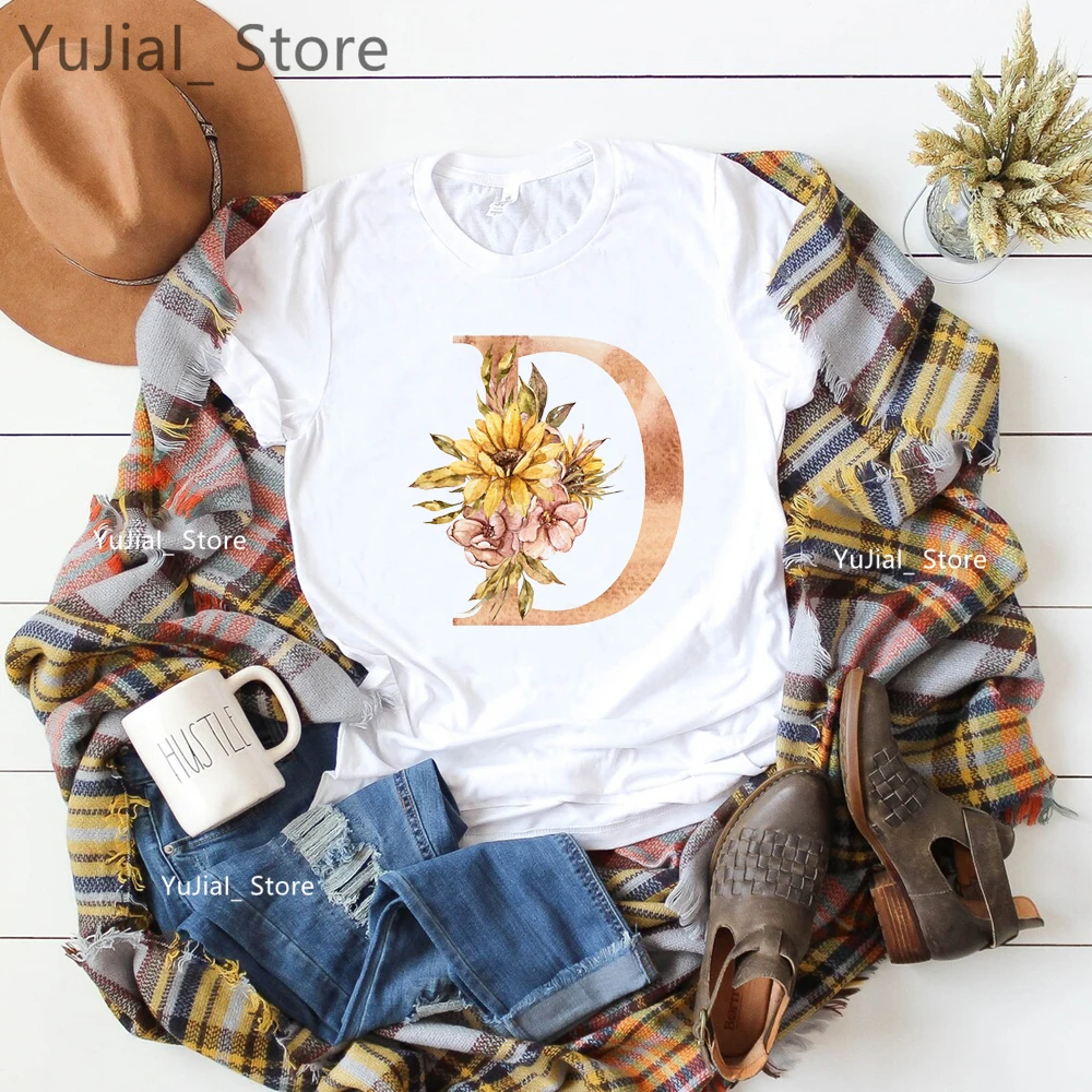 

Watercolor Floral Sunflower 26 Alphabet Letter N Print T Shirt Women'S Clothing Autumn/Fall Tshirt Femme Summer Fashion T-Shirt