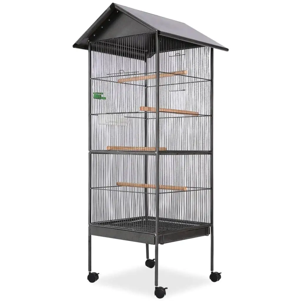 Large Black Bird Cage with Roof - 66x66x155 cm Steel Aviary for Parrots and Small Birds