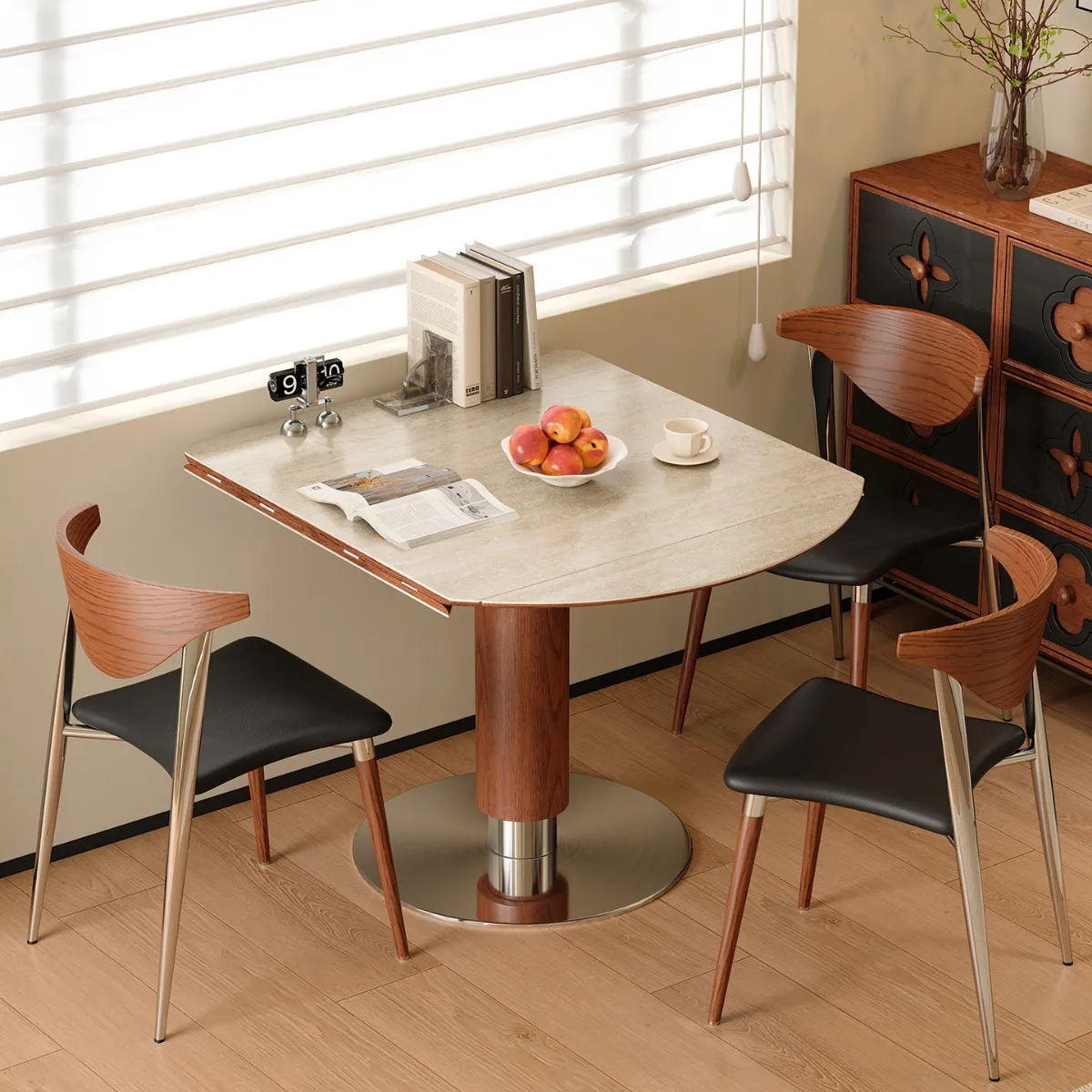 

French square rock slab dining table, antique style, square and round dual-purpose solid wood small apartment, round Bauhaus fol