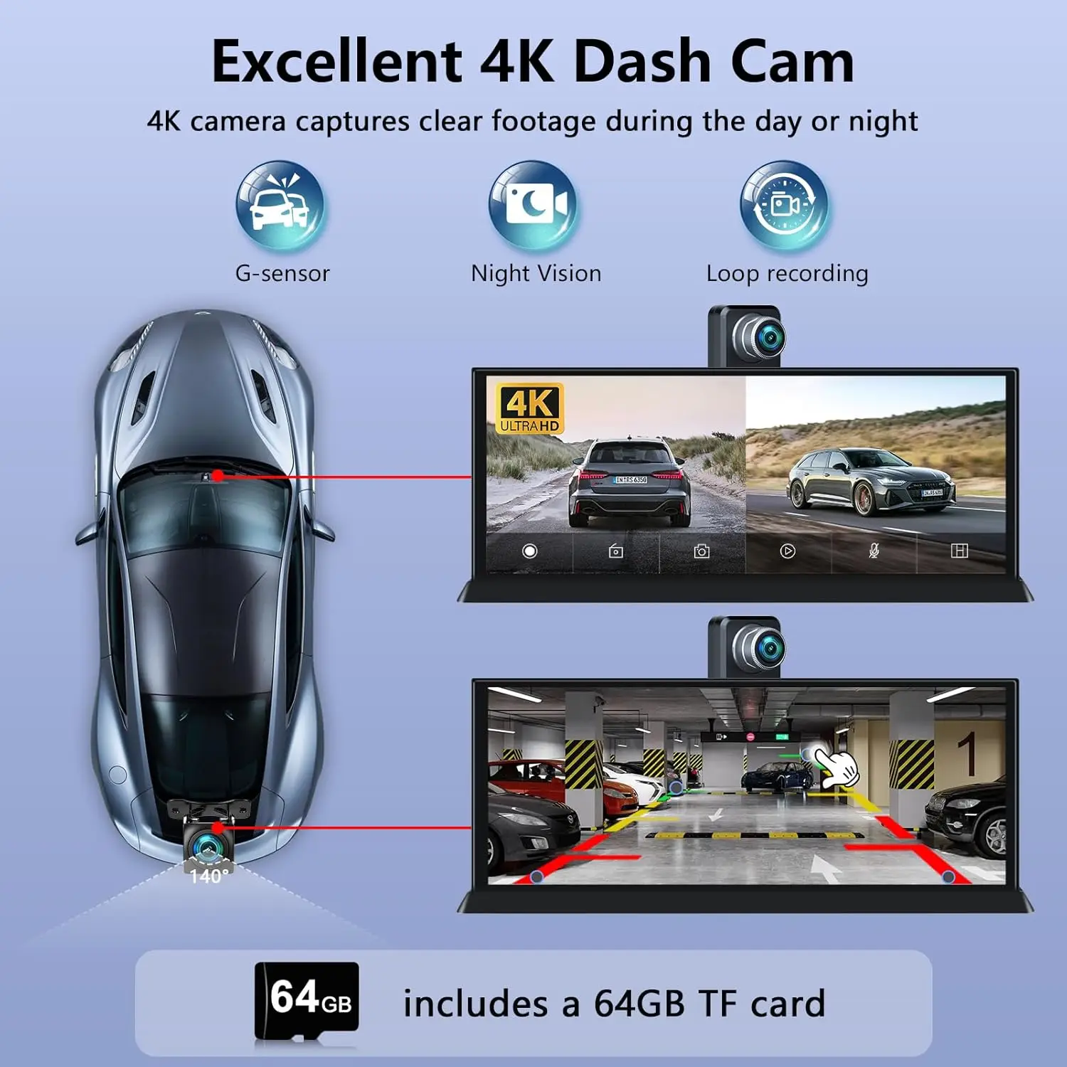 Dash Cam doppia fotocamera 4K da 11,26 pollici Navigazione GPS in tempo reale Controllo vocale Compatibilità wireless CarPlay Android Auto per
