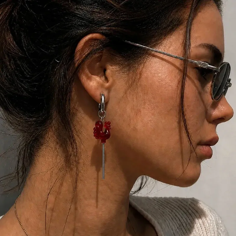 New Vintage Stereo Red Rooster Lollipop Acrylic Asymmetrical Hoop Earrings for Women Russian Folk Daily Wear Party Jewelry Gifts