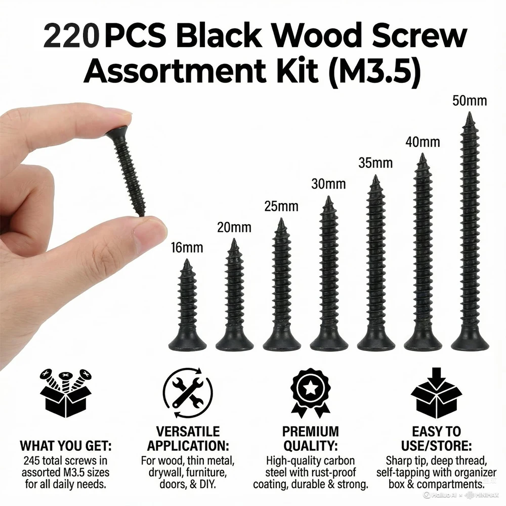 Picture 4: 220PCS M3.5 Black Cross Countersunk Head Self Tapping Wall Nail Wood Serew Set Phillips Flat Head for Furniture Cabinet Repair