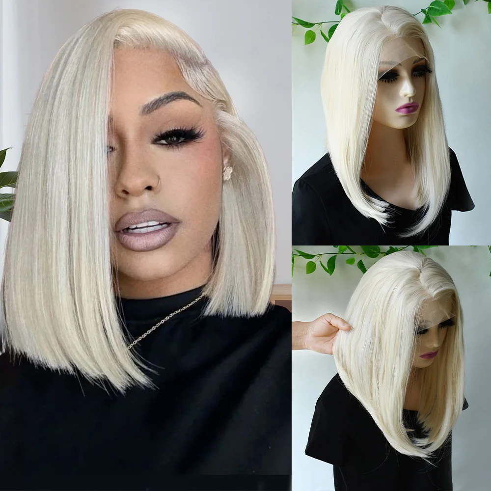 

Белый Прямой Парик Фронта Шнурка Короткие Парики Боб 13x4 HD Прозрачный Парик Фронта Шнурка Предварительно Сорванный 60 Платиновый Косплей Вечеринка