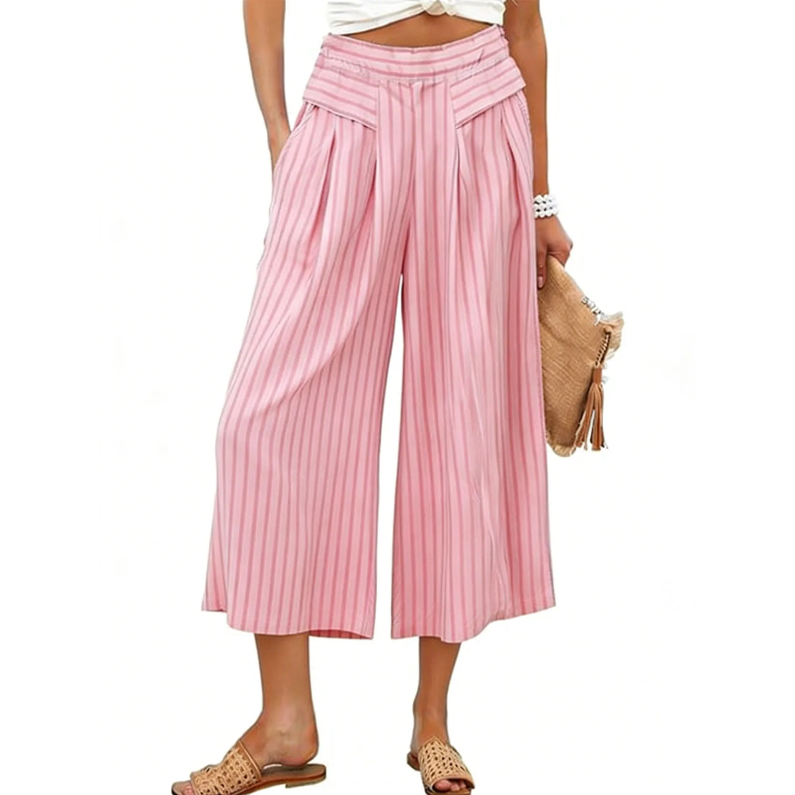 Women Striped Wide Leg Pants Summer High Waist Palazzo Pants Relaxed Casual Beach Culottes Elastic Waist Lounge Trousers Holiday
