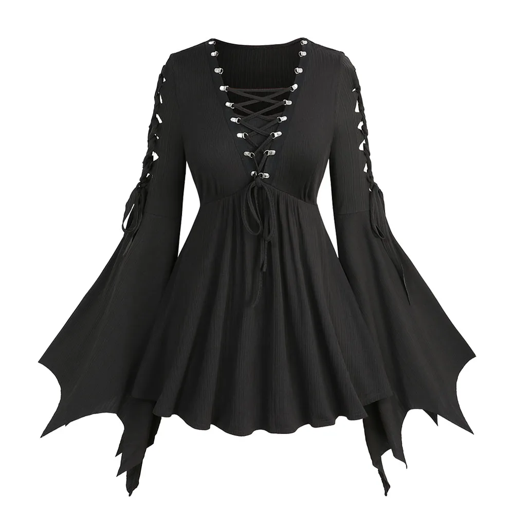 

ROSEGAL Plus Size Asymmetrical Tops Black Women's Lace up Braided Design Flare Sleeves Ribbed V-Neck Blouses Top