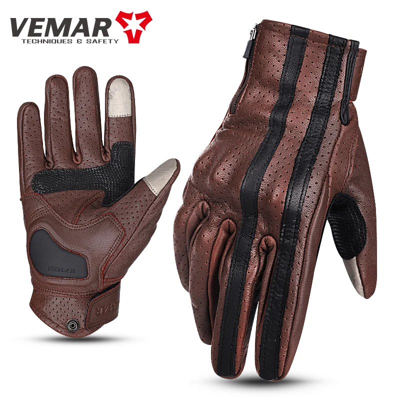 Vemar Summer Breathable Touchscreen Men\'s Gloves Retro Leather Vintage Riding Guantes Motocross Motorcycle Bike Full Finger Gift