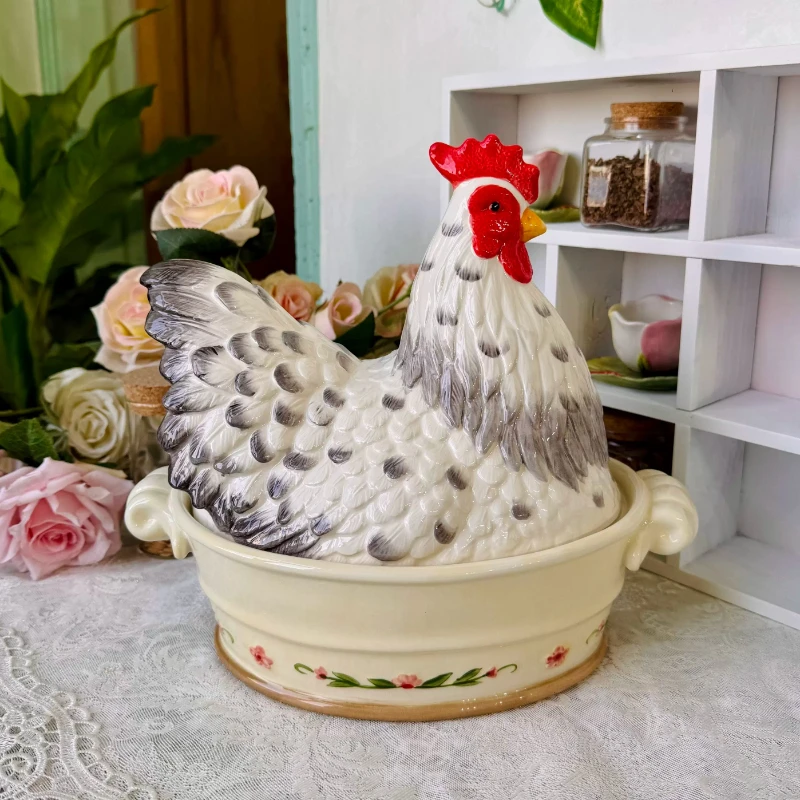 French Vintage Egg Container Ceramic with Cover Fruit Bowl Creative Hen Storage Tank Living Room Wine Cabinet Home Accessories