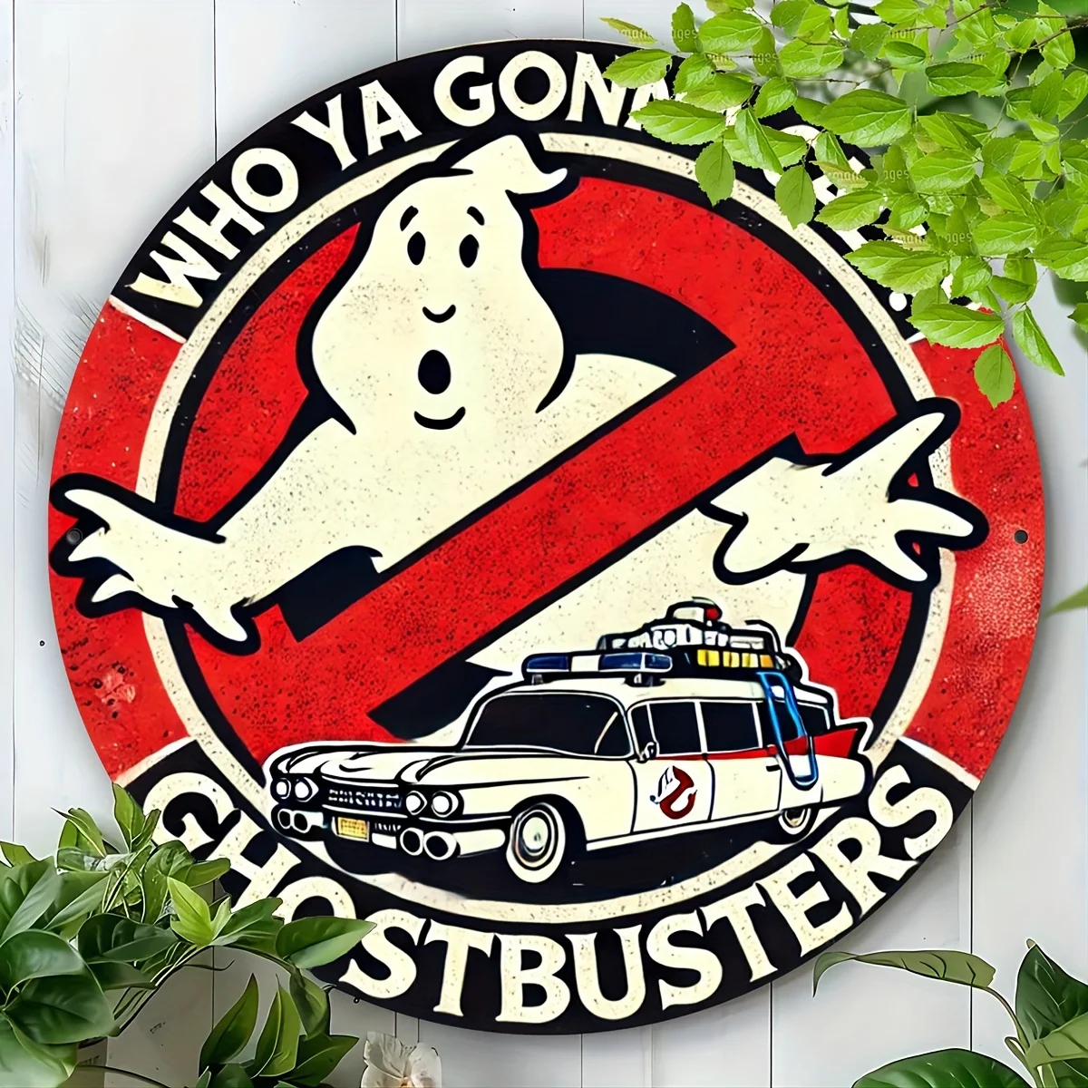 Vintage Ghostbusters Logo HD Print Metal Tin Sign – Featuring Iconic “Who Ya Gonna Call?” Slogan with Classic No-Ghost Symbol, R
