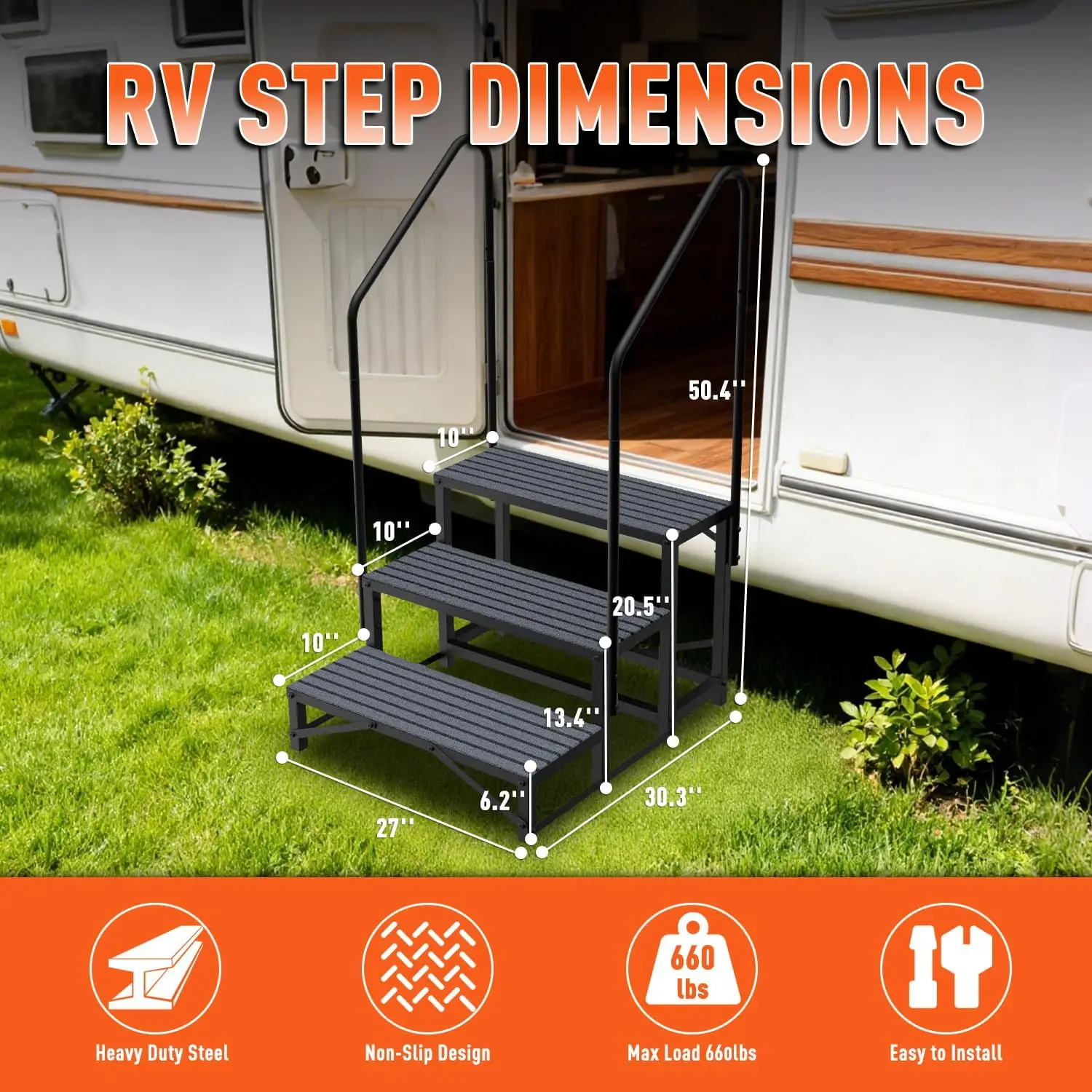 3 Step RV Stairs with Dual Handrails, Heavy Duty Steel Step Stool 660 Lbs Weight Capacity, Non Slip Tread Camper Ladder Steps, Outdoor Hot Tub Spa Porch Trailer Step Stool,