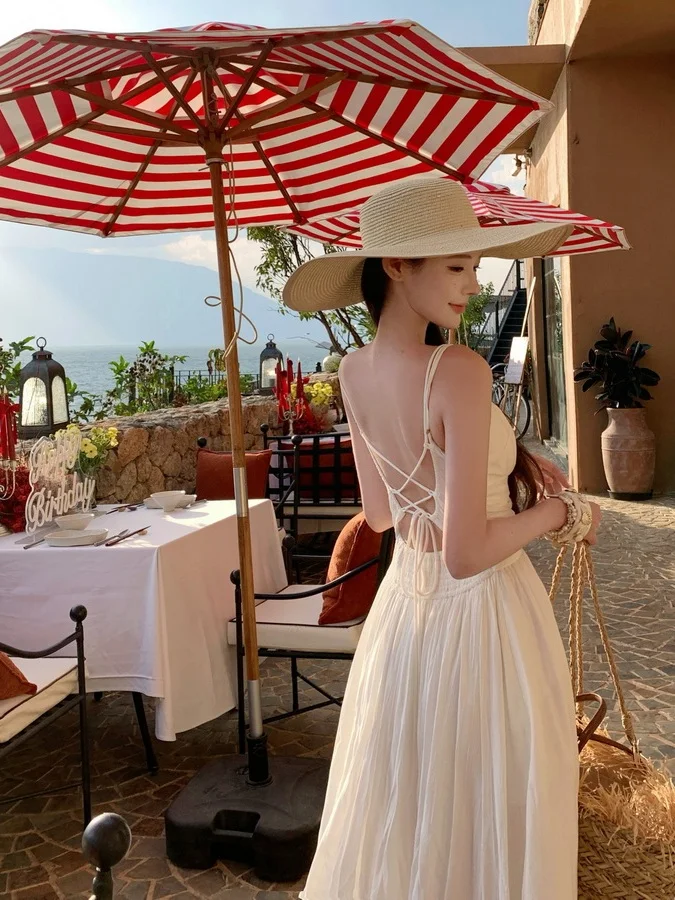 

Unique Beautiful Yunnan Dali Travel Strap Dress Backless Tie Holiday Style Dress White Dress Summer Sleeveless Women's D...