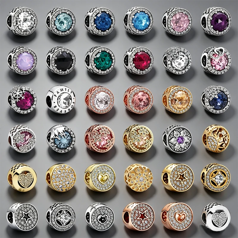 925 Silver Multi Color CZ Birthstone Charms for Bracelet DIY Jewelry Making Round Spacer Beads for Women Birthday Jewelry Gift