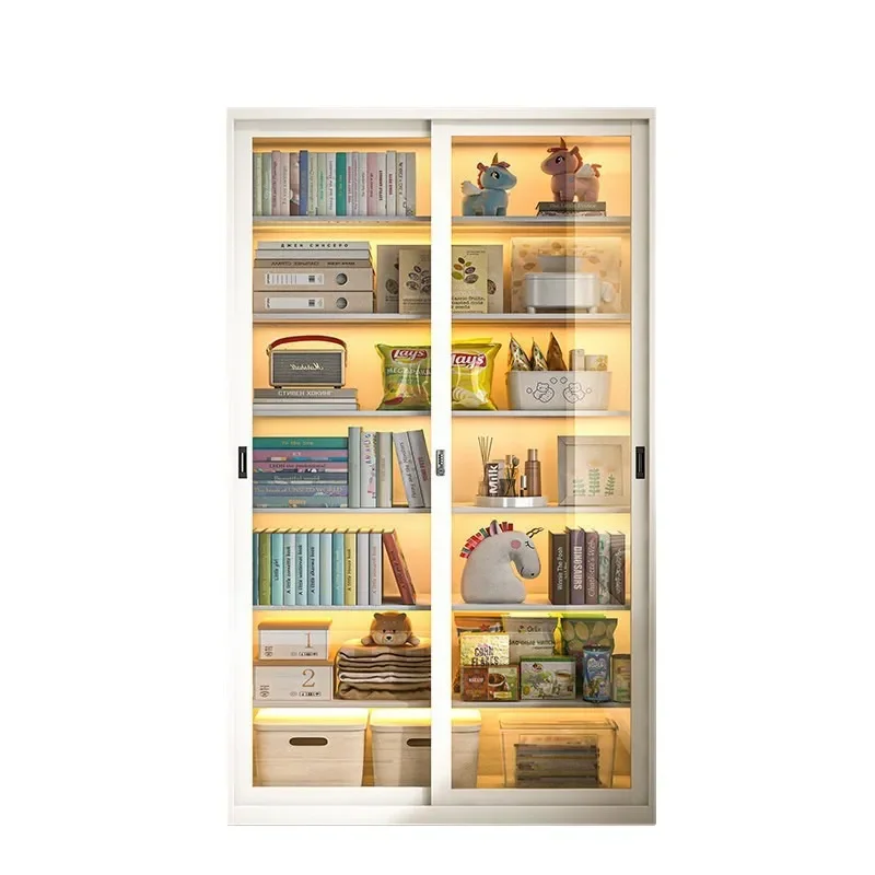 Floor to Ceiling Steel Bookcase with Glass Sliding Doors Lockable Display Cabinet Large Capacity Storage Shelf for Home