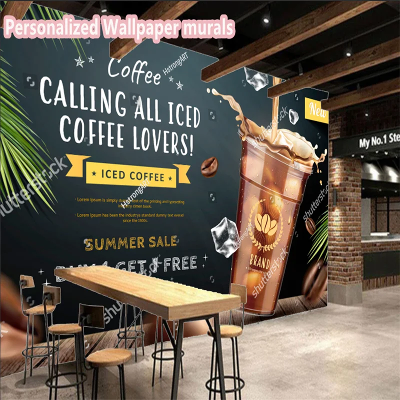 Custom Iced Coffee on Blackboard Wallpaper 3D Cold Drink Store Coffee Shop Cafe Decor Mural Personality Snack Bar Wall Paper 3D