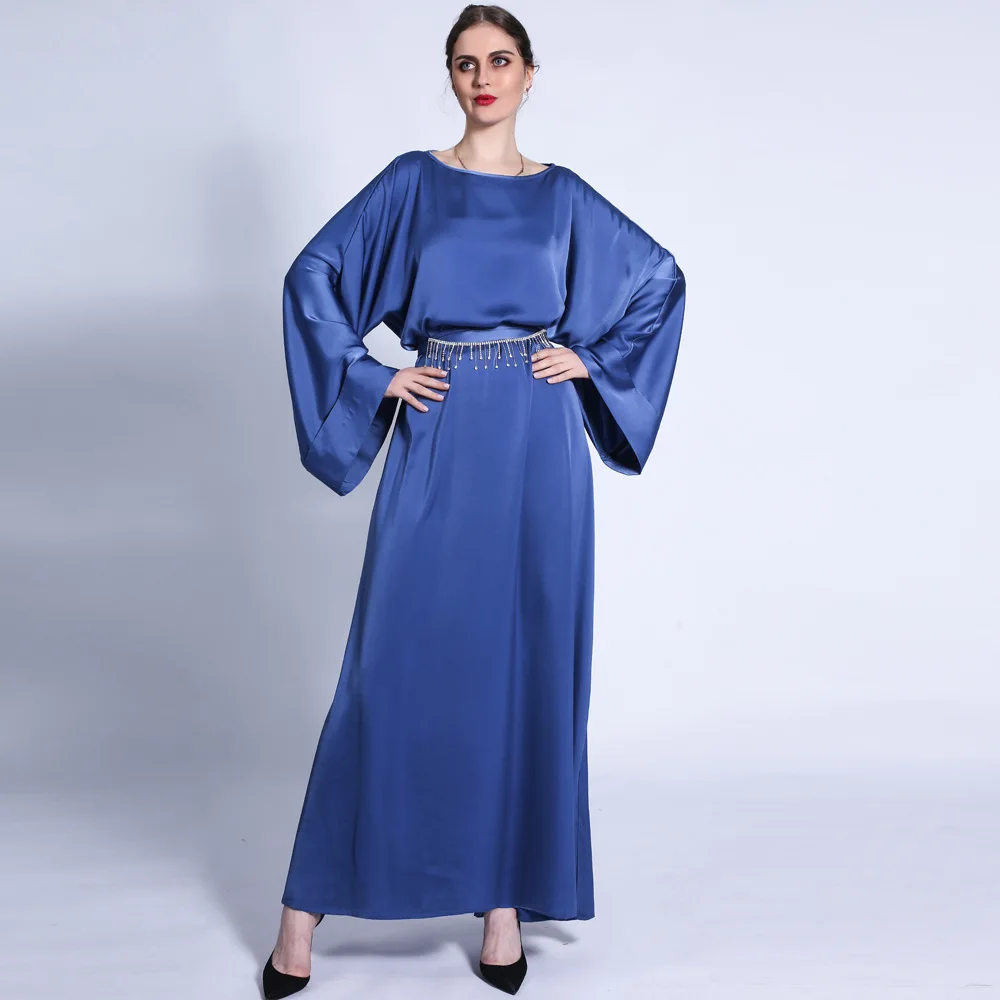 

Fall Matte Solid Color Loose Dress 2023 Fashion Arab Long-Sleeved Plain Women Kaftan Muslim Fringed Diamond Belt Turkey Robe