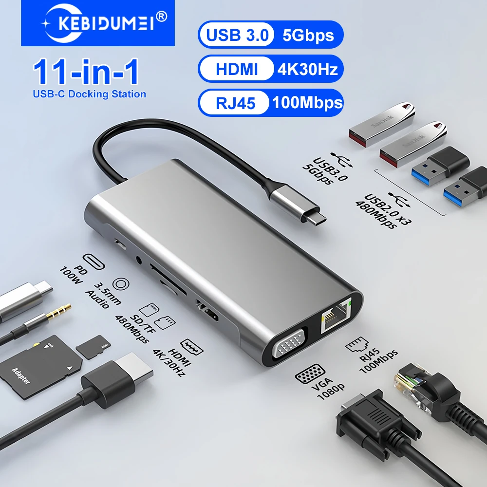 

Док-станция KEBIDUMEI 11-в-1 с USB-C, USB 3.0, 5 Гбит/с, Type-C на 4K HDMI, USB-концентратор, адаптер-разветвитель для ноутбуков и Macbook