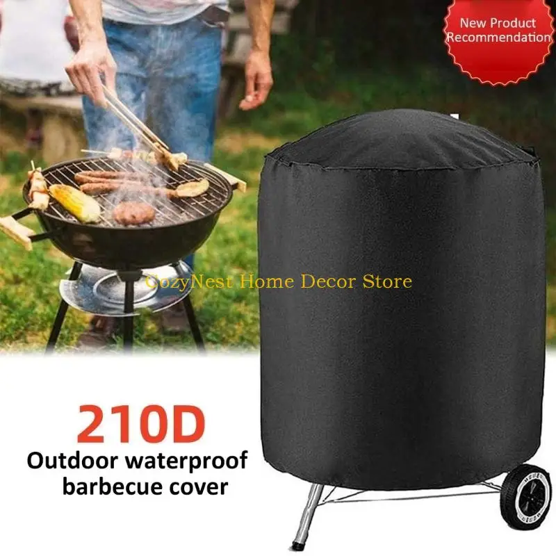 92MF Heavy Duty Waterproof BBQ Cover Adjustment Strap Outdoor Dust Proof Pit Black Polyester Wind Resistant Grill