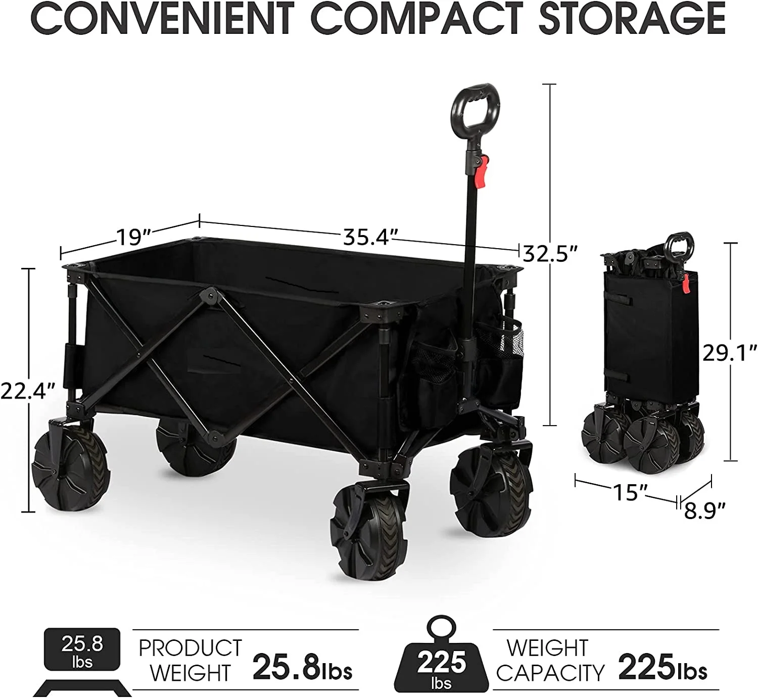 Collapsible Folding Utility Wagon with 8 inches Wheels Telescoping Handle for Outdoor Garden and Beach Use